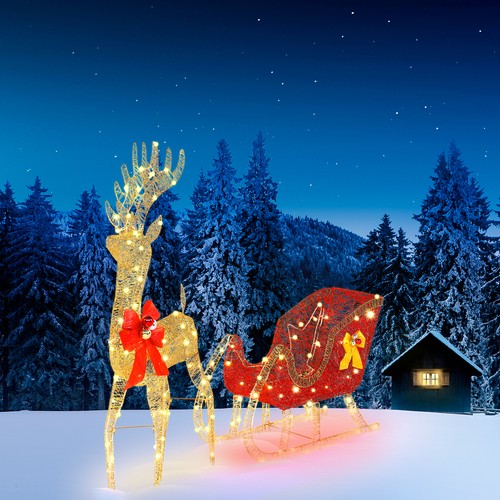 4ft lighted reindeer sleigh - lighted, reindeer&sleigh