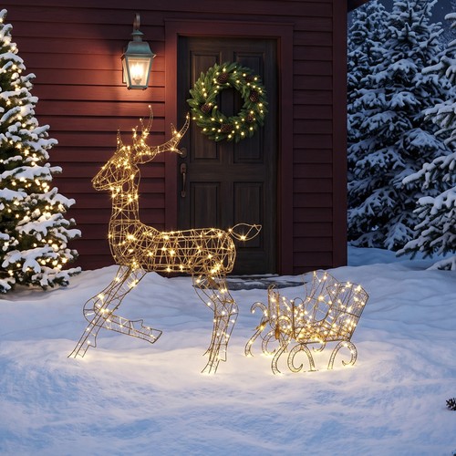 Lighted reindeer and sleigh - and,